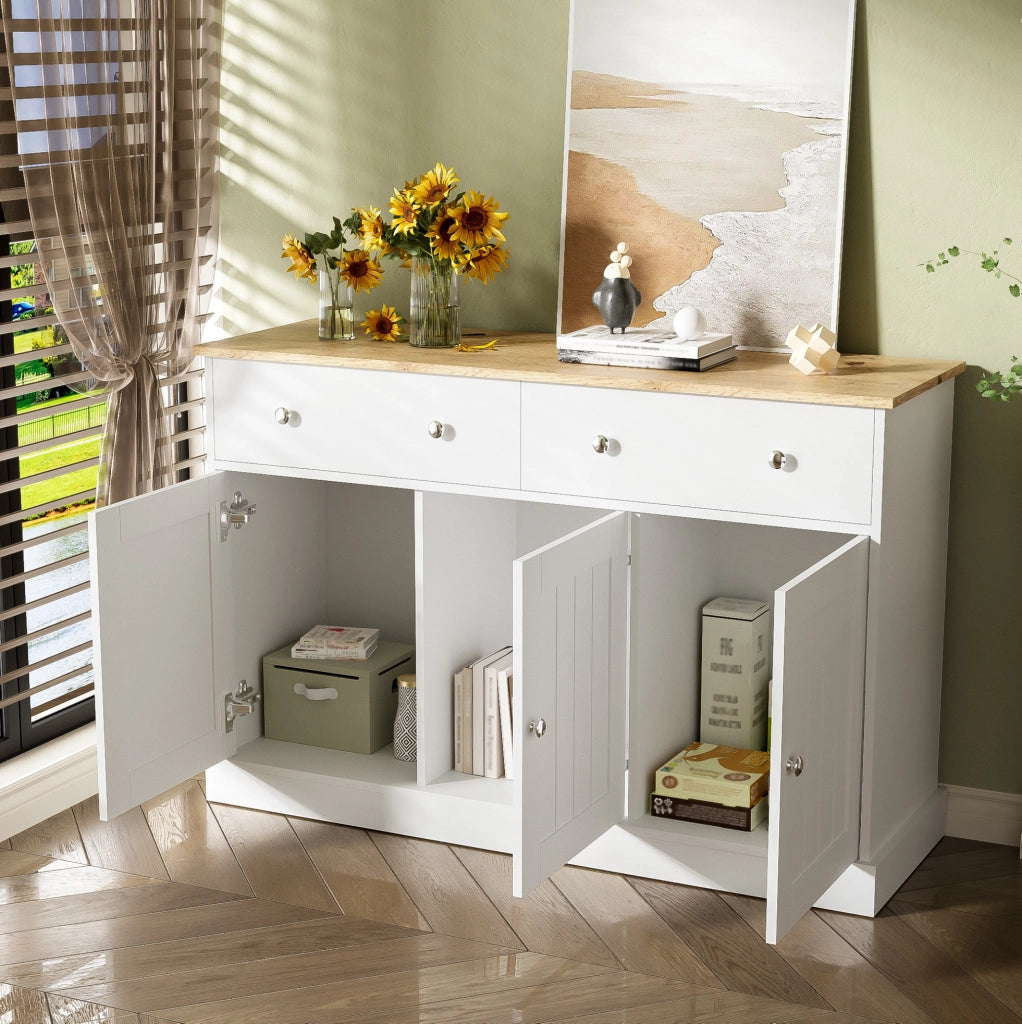 Sideboard 120x36x80.5 cm con 3 ante e 2 cassetti; pannello truciolare bianco e legno