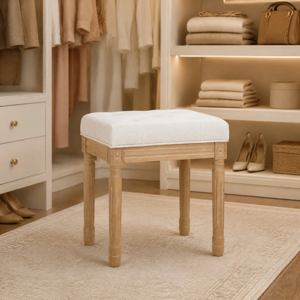 Pouf imbottito in tessuto effetto lino con gambe in legno e portata 120 kg beige 42 × 32 × 46,5 cm