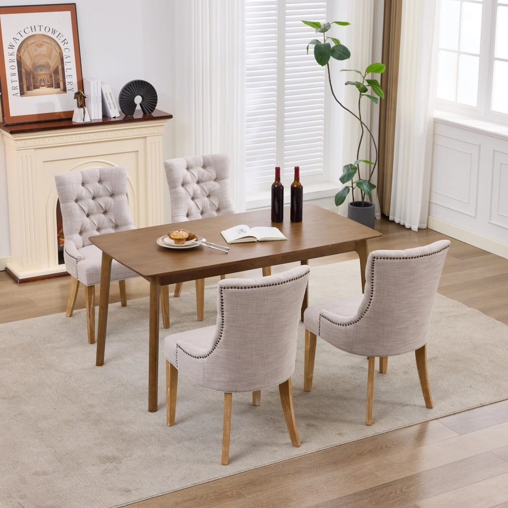 Sedia da Pranzo Imbottita con Schienale Imbottito e Gambe in Rovere, in Tessuto Beige