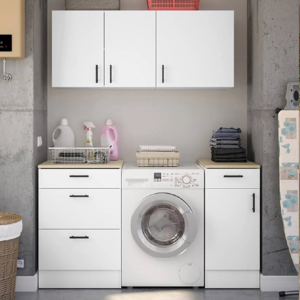 Set mobili per lavanderia Sesleria, Composizione lavanderia moderna, Soluzione salvaspazio per zona lavaggio, Bianco e Rovere
