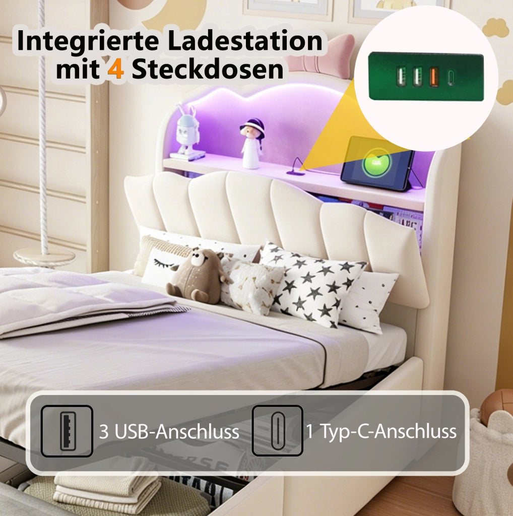 Letto imbottito per bambini 90x200 cm con LED e contenitore