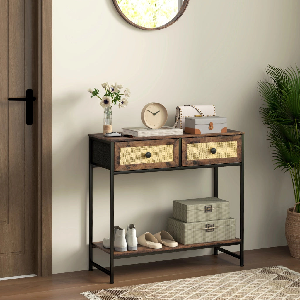 Consolle Ingresso con Ripiani e 2 Cassetti Rattan ¨C Xylo ¨C 80x30x75 cm Marrone