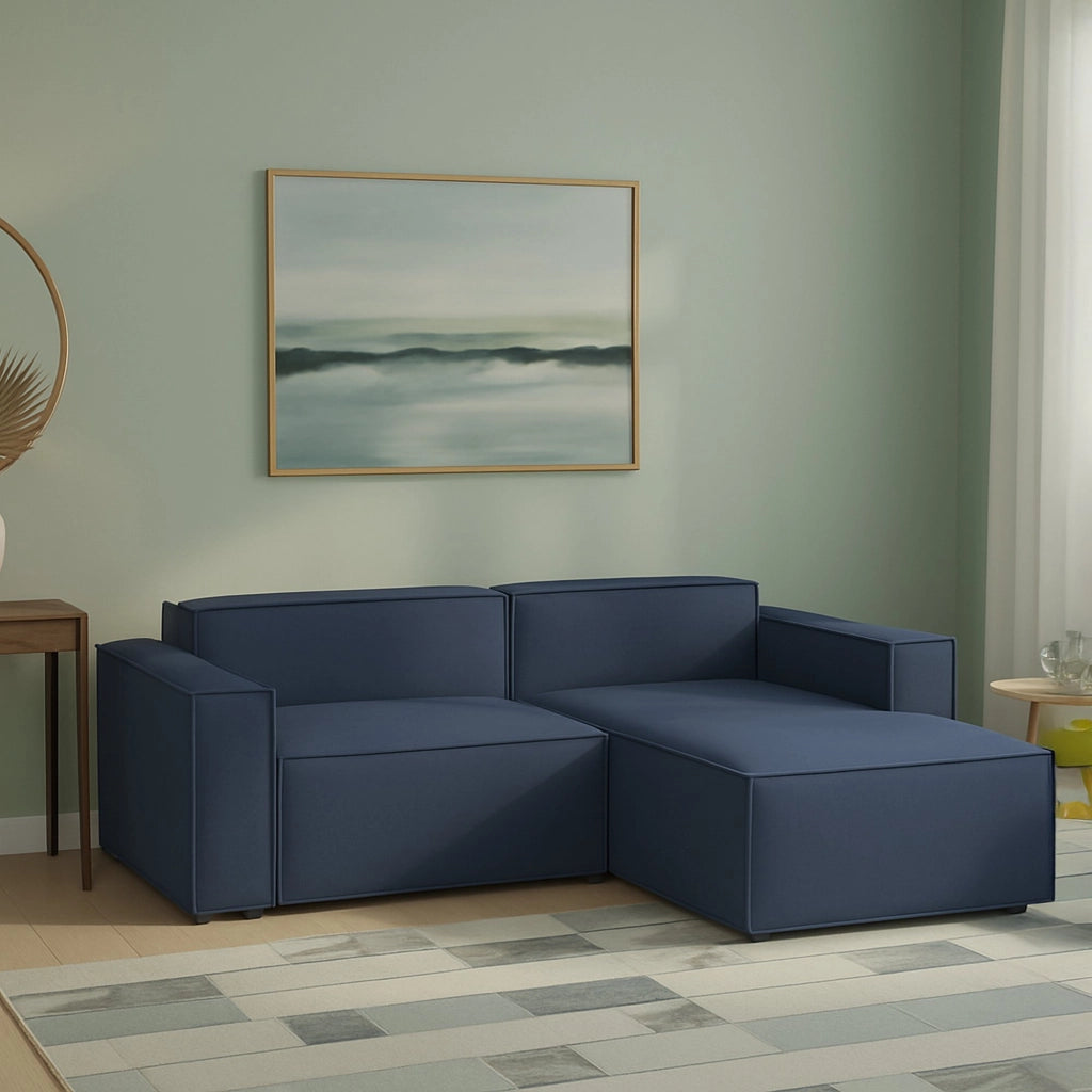 Divano fisso Ameli, Divano componibile a 2 posti large con penisola destra, Made in Italy, SofÒ  moderno in tessuto, Cm 240x170h70, Blu