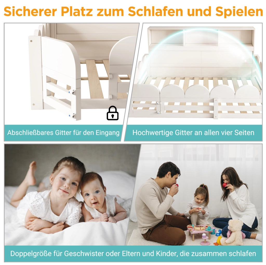 Letto a terra per bambini 140x190 cm in legno bianco con sponda; porta e ripiani