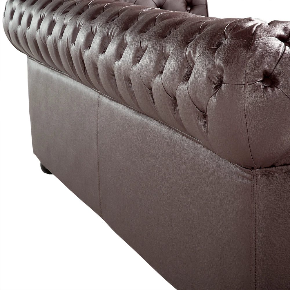 Set soggiorno Chesterfield Rivestimento in pelle marrone Gambe in legno scuro Divano a 3 posti + poltrona contemporanea