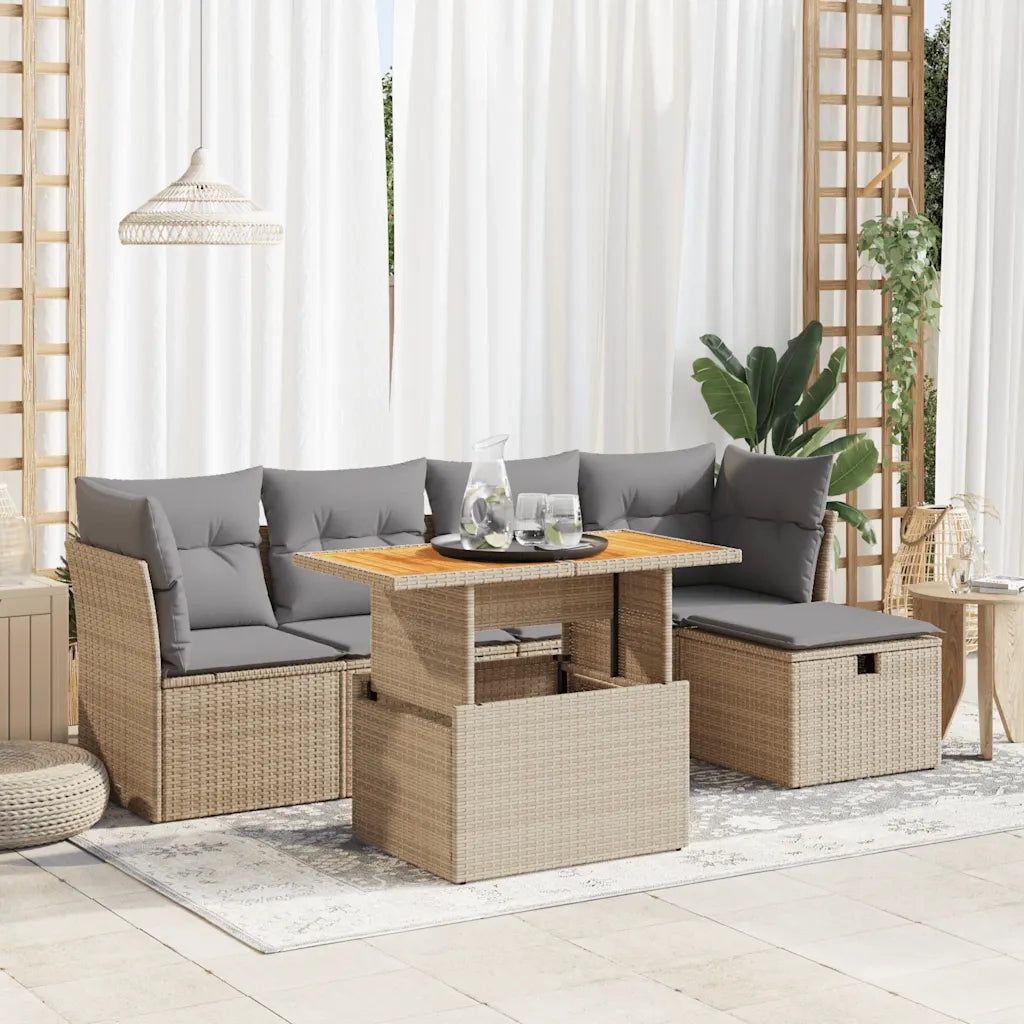Set Divano da Giardino 6 pz con Cuscini Beige Polyrattan Acacia
