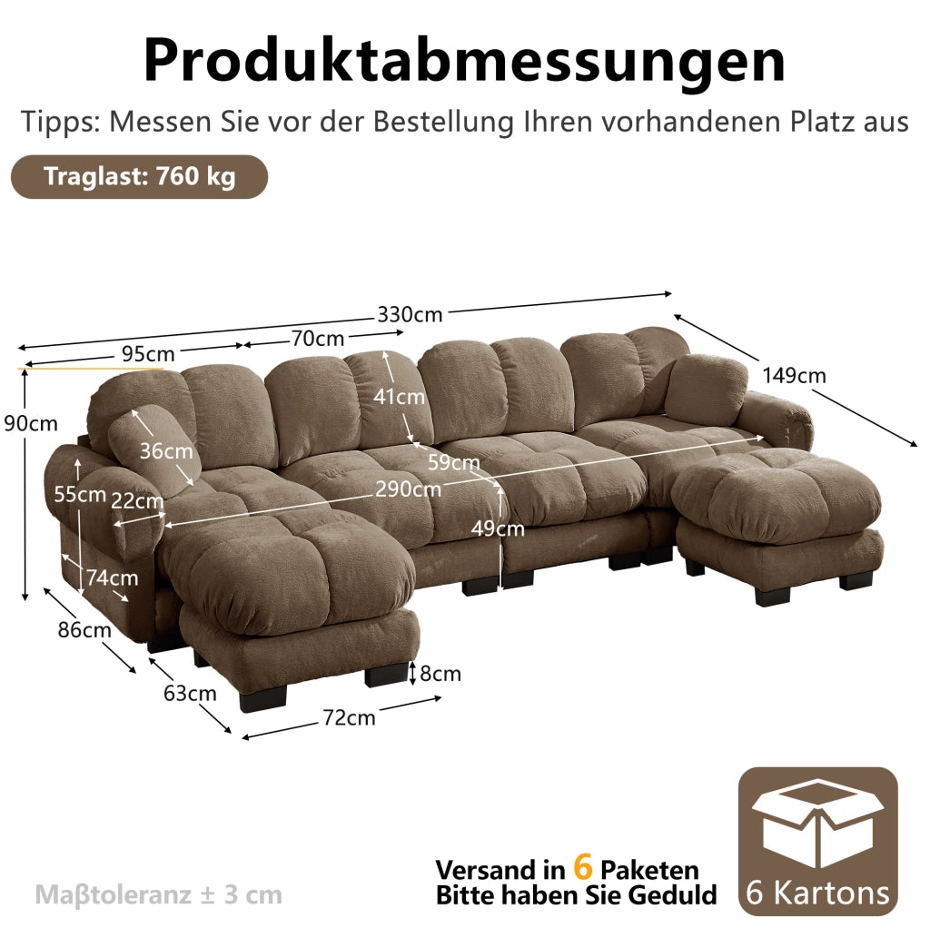 Divano modulare a U 4 posti con 2 pouf mobili in chenille; 330x149x90 cm; marrone