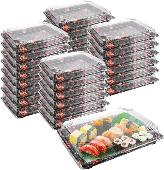 Scatola da pranzo in plastica da 30 pezzi, tavola da servire con coperchio, scatole da pasto riciclabili, scatola per cibo, scatola da sushi, frutta, panini e piatti (25,5 x 18,5 x 5 cm)