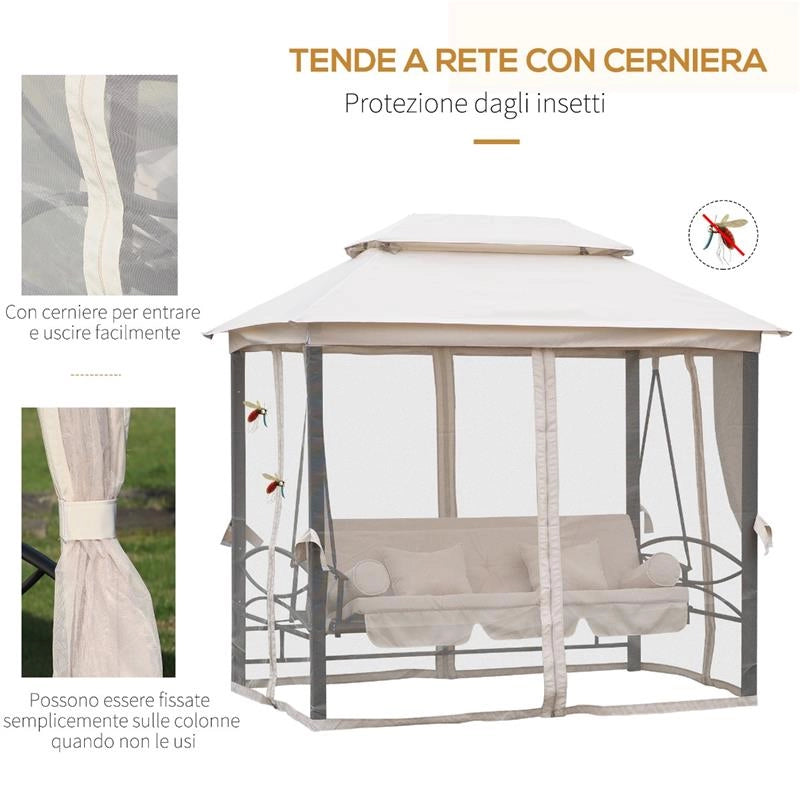 DONDOLO A GAZEBO RECLINABILE 3 POSTI CON ZANZARIERA E CUSCINI BEIGE