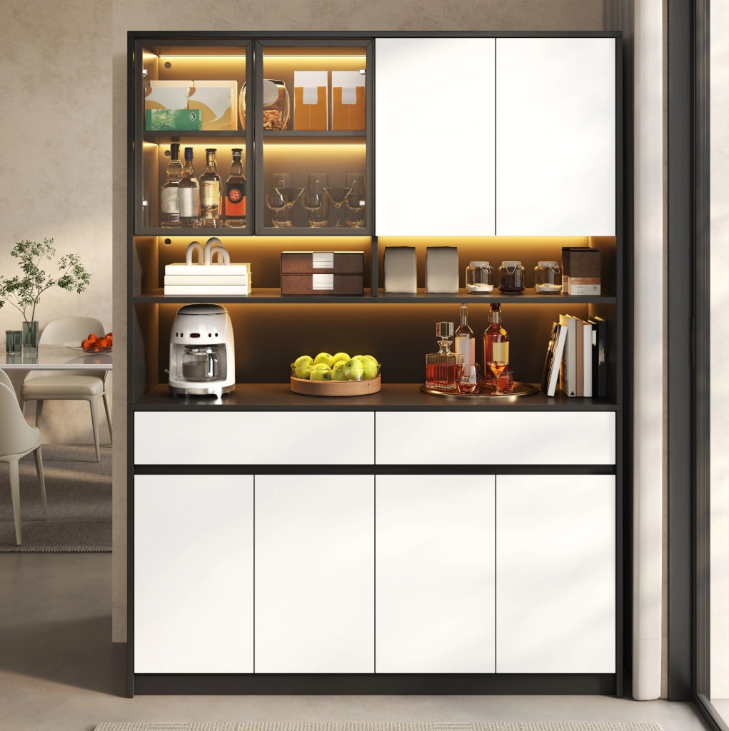 Credenza alta in MDF nero e bianco con LED, 120x38x160 cm