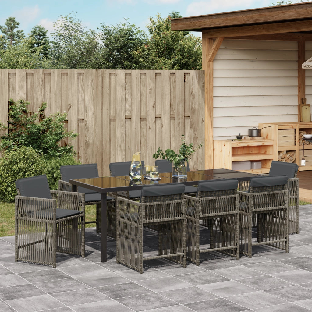 Set da Pranzo per Giardino da 9 Pezzi con Cuscini Grigio Polyrattan