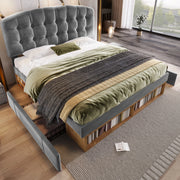 Letto matrimoniale imbottito 140x200 cm in velluto grigio con testiera regolabile; cassetti e vani contenitore