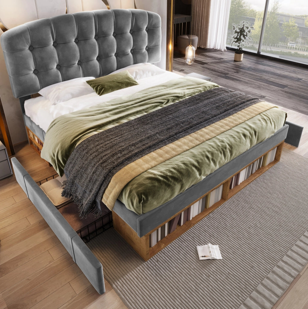 Letto matrimoniale imbottito 140x200 cm in velluto grigio con testiera regolabile; cassetti e vani contenitore