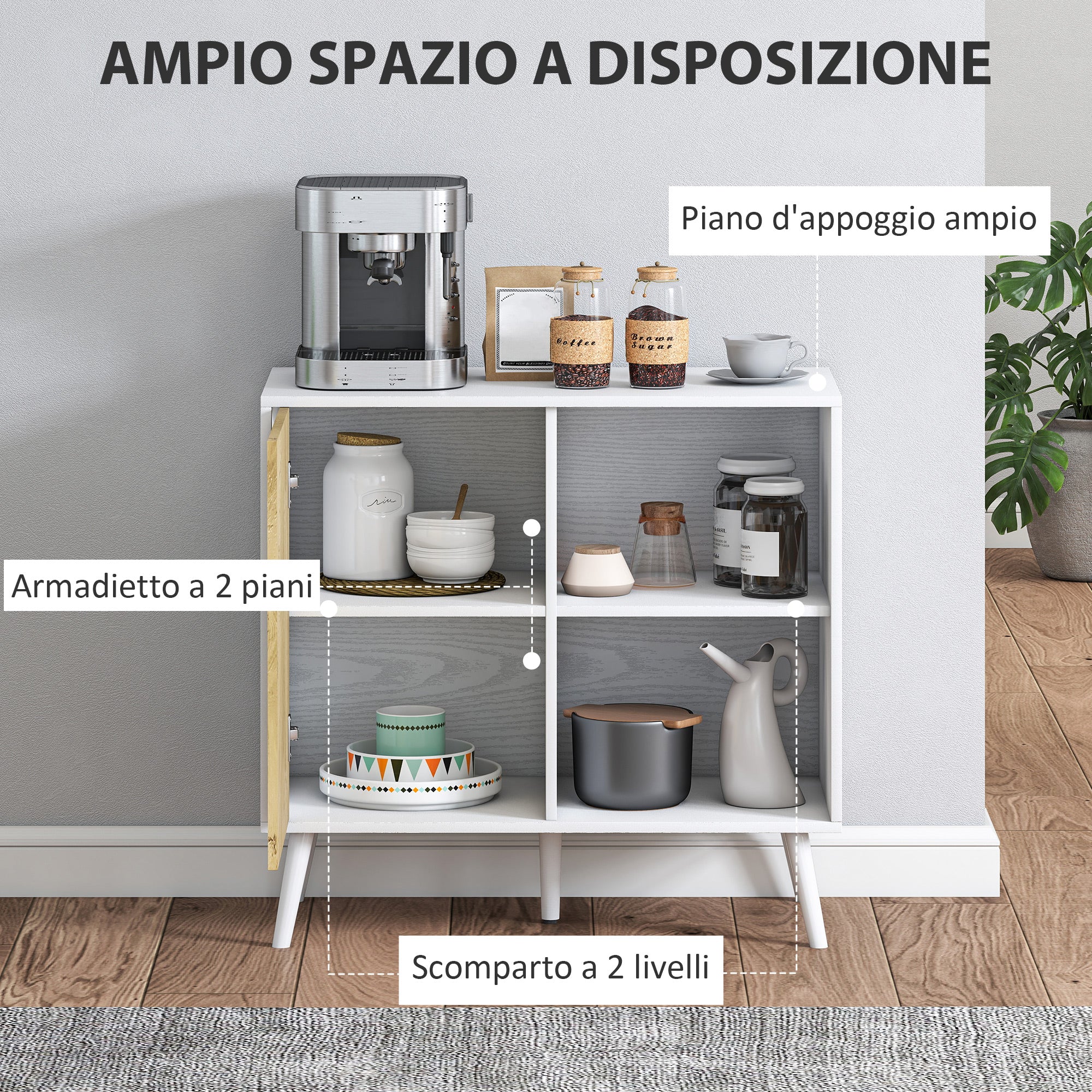 Credenza Moderna Mobile Basso 80x39x76 cm con Armadietto e Vani a Giorno in Legno Bianco