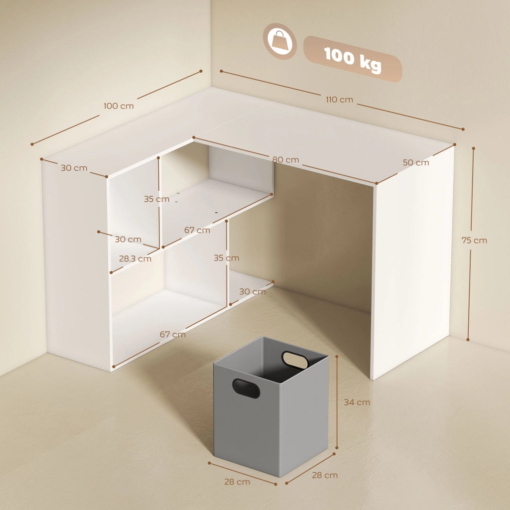 Scrivania Angolare Moderna con Scaffale e Cassetto in Tessuto, 110x100x75 cm, Bianco