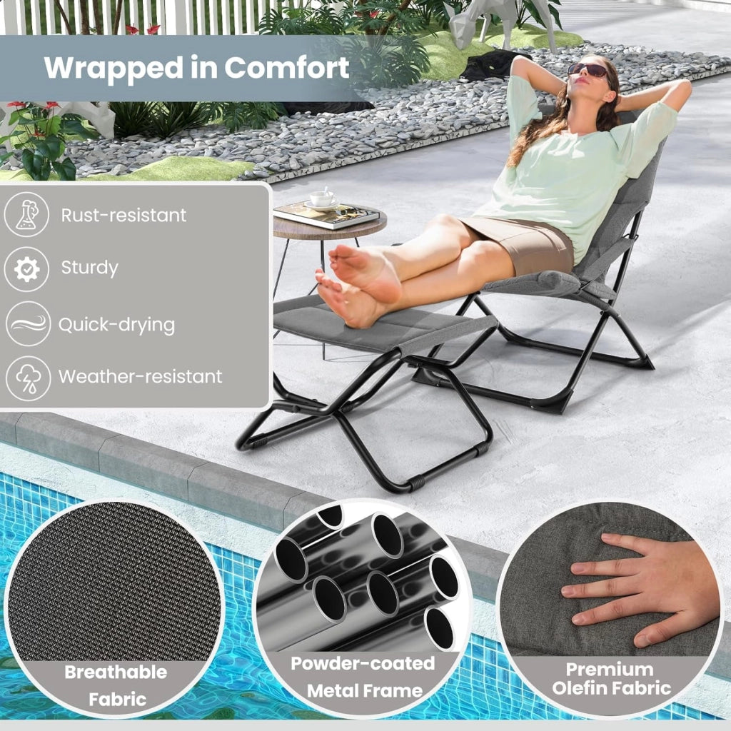 Set di Sedia Sdraio da Giardino con Poggiapiedi Pieghevole, Lettino da Esterno in Tessuto e Metallo, Poltrona da Veranda con Braccioli e Cuscino Rimovibile, per Cortile,Terrazzo, Grigio
