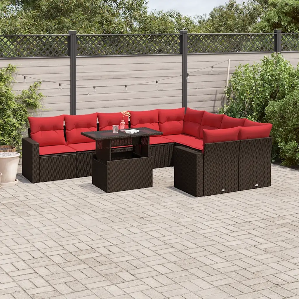 Set Divani da Giardino 10 pz con Cuscini Marrone in Polyrattan 3267504