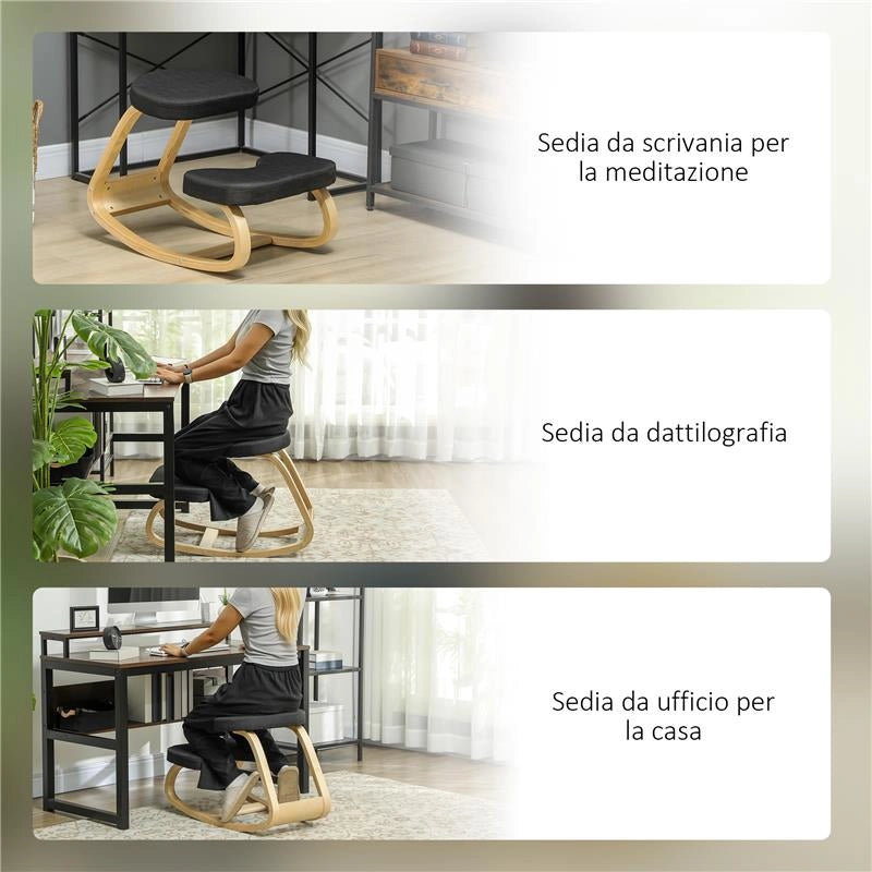 SEDIA INGINOCCHIATOIO CON MOVIMENTO A DONDOLO IN TESSUTO EFFETTO LINO E LEGNO DI BETULLA 50X73X55 CM NERO