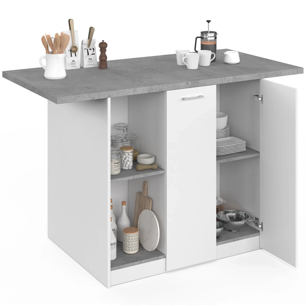 IDMarket - BAO 140 cm 4 persone isola centrale in legno bianco con piano di lavoro effetto cemento