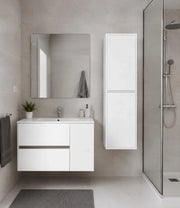 Mobile Bagno HEIMDALL Già Montato 2 cassetti e porta, lavabo e specchio Bianco lucido 50x40 cm con colonna
