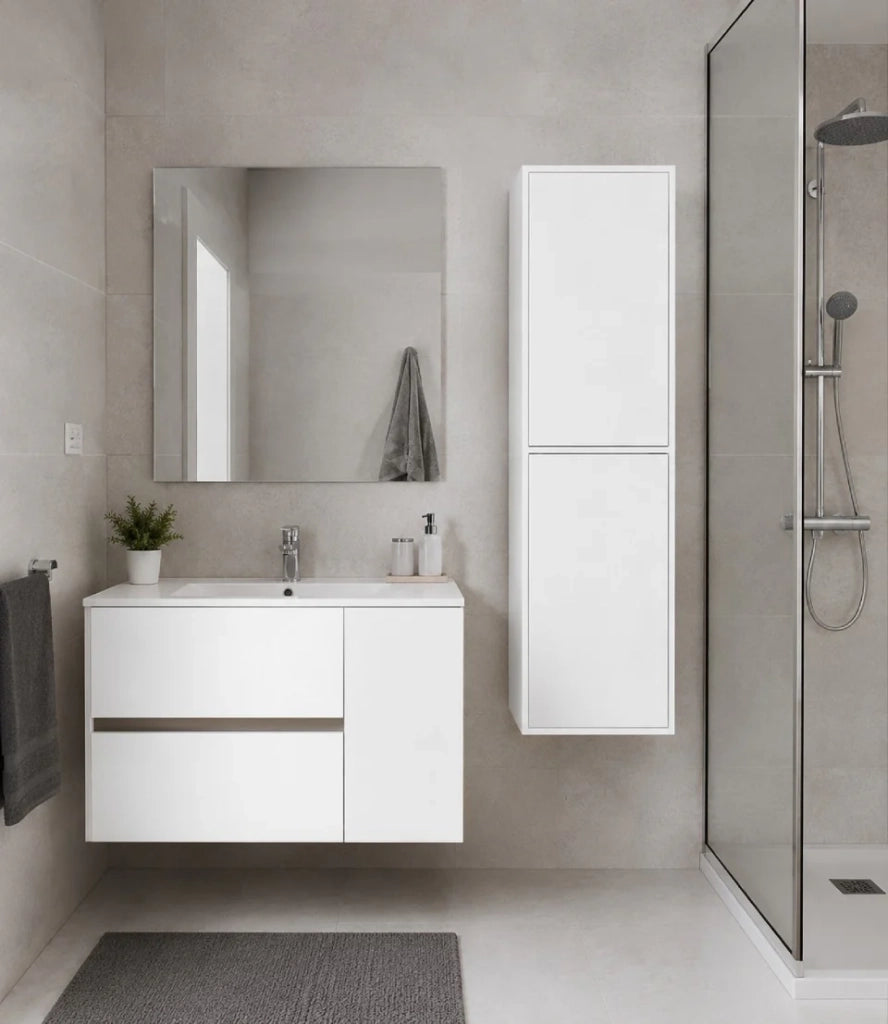 Mobile Bagno HEIMDALL Già Montato 2 cassetti e porta, lavabo e specchio Bianco lucido 50x40 cm con colonna