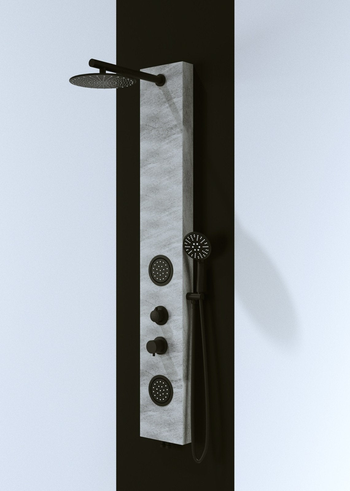 Pannello doccia effetto petra grigio rubinetteria nera idromassaggio frontale e pioggia con doccino e flessibile incluso