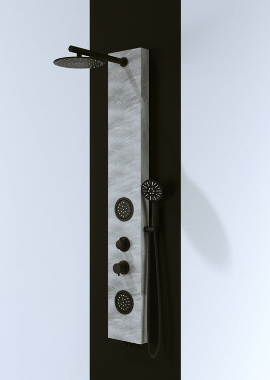 Pannello doccia effetto petra grigio rubinetteria nera idromassaggio frontale e pioggia con doccino e flessibile incluso