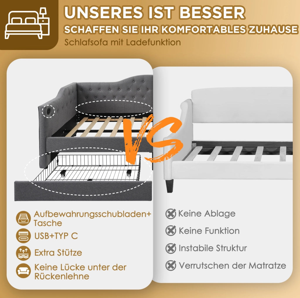 Letto da giorno imbottito 90x200 cm con 2 cassetti; USB e Type-C; grigio in lino