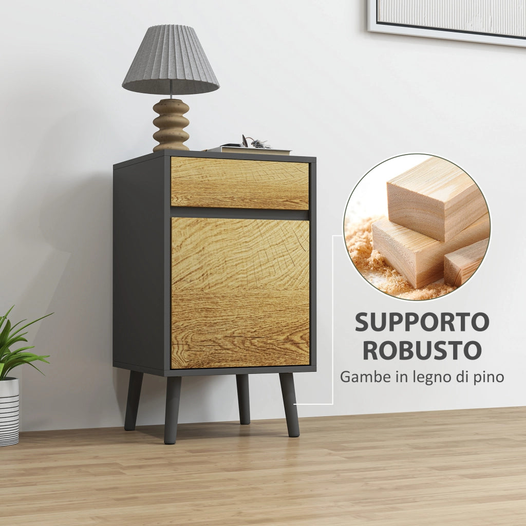Comodino Moderno 40x39x69 cm con Cassetto e Armadietto in Truciolare Senza Maniglie Grigio Scuro e Legno