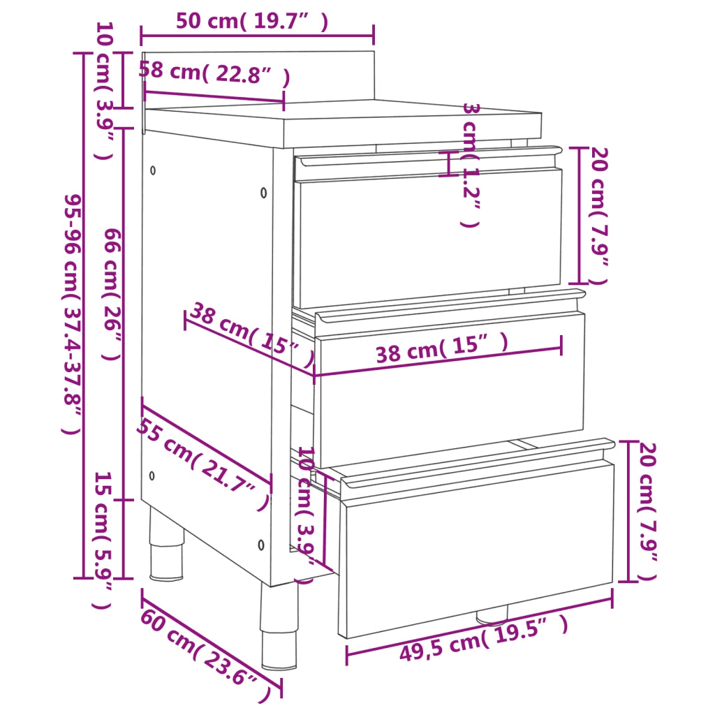 Mobiletto da cucina commerciale con 3 cassetti 50x60x96 cm CFW5360307