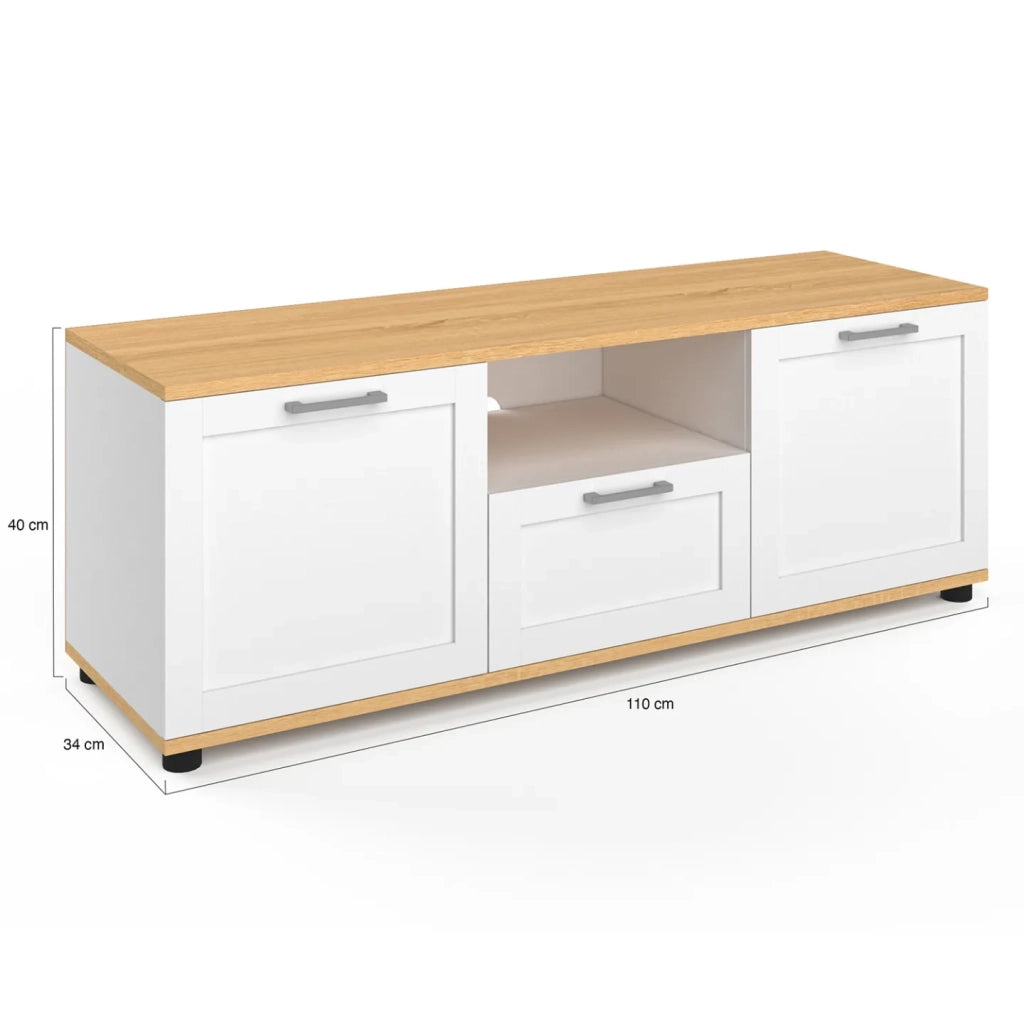 IDMarket - Mueble TV VITO con cajón y hornacina blancos y encimera de madera de 110 cm