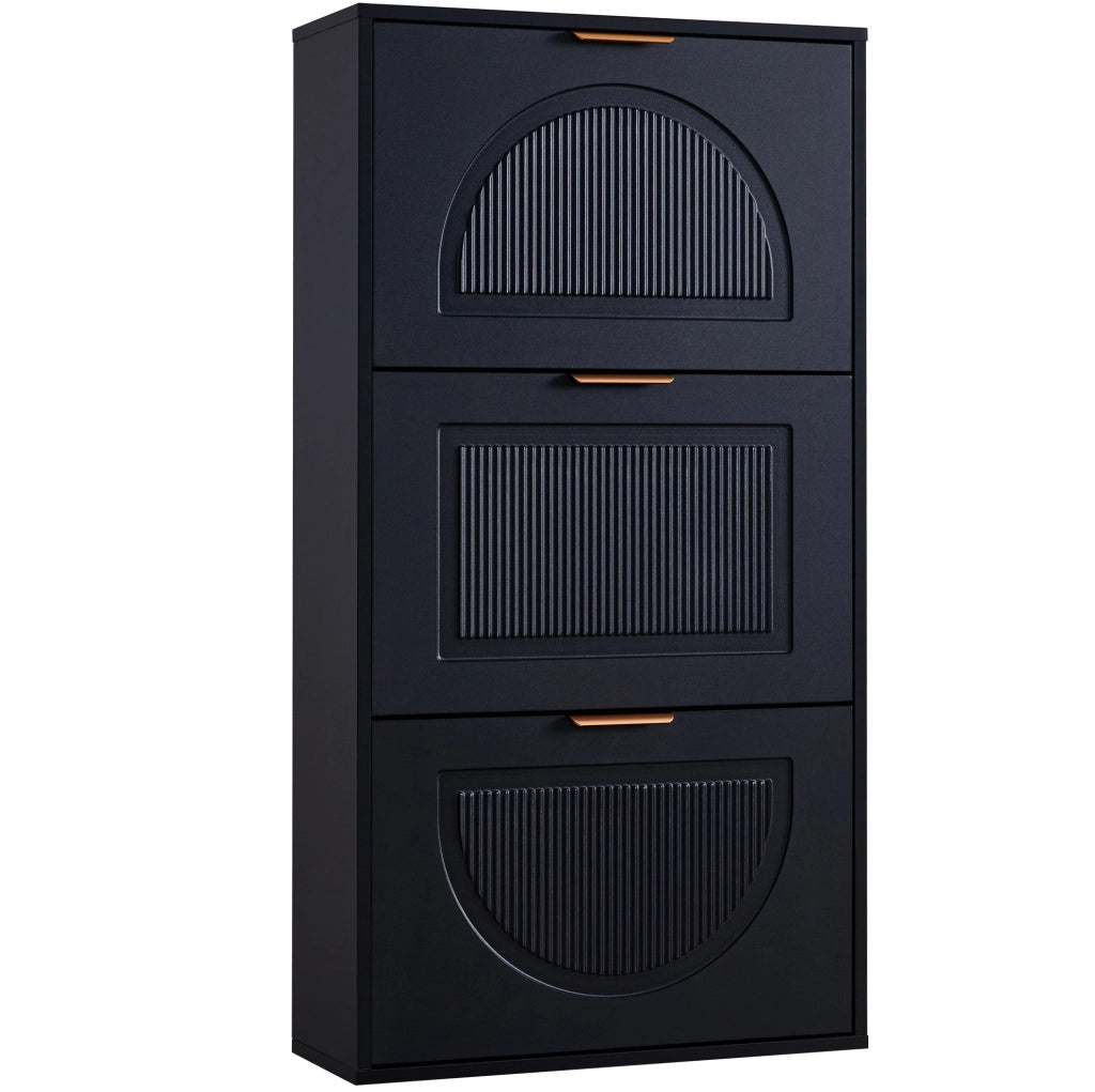 Mobile portascarpe stretto con ribalta; 60x24x114 cm; in MDF e truciolare nero