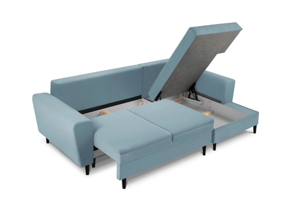 Cosmopolitan Design - Divano convertibile angolare destro con contenitore "Kyoto" 4 posti in velluto a coste azzurro 