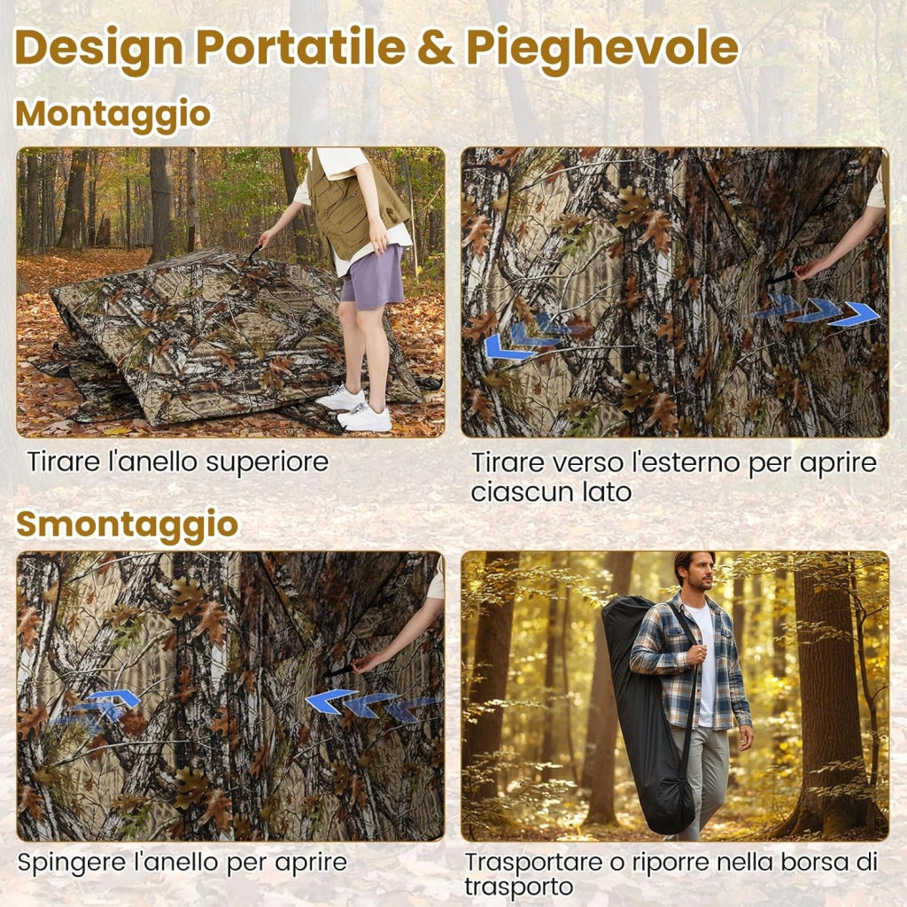 Tenda da Caccia Portatile per 4 Persone, Tenda Pop-Up Camouflage con Finestre Silenziose, Porta Apribile, Pannelli di Sicurezza Rimovibili e Borsa da Trasporto, 140 x 140 x 176 cm