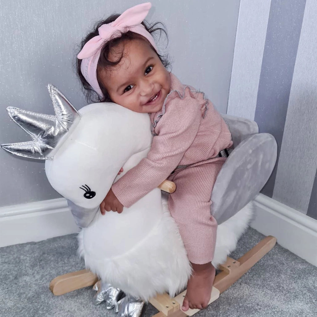 EasyComfort Cavallo a Dondolo per Bambini a Forma di Cigno, Dondolo Giocattolo Cavalcabile per Bambini 18-36 Mesi (Max 40kg), in Legno di Pioppo e Peluche, Bianco e Grigio