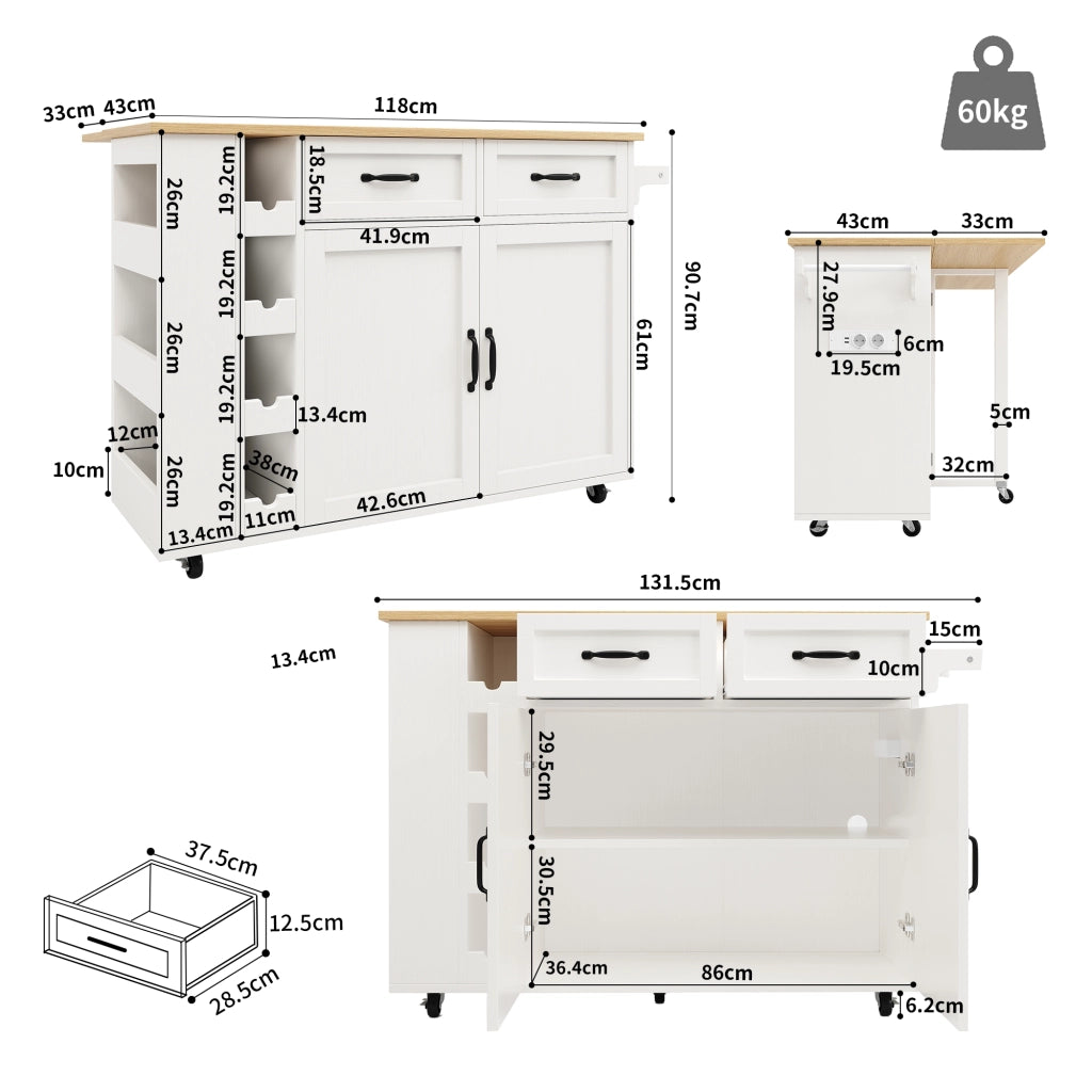 Isola Cucina con Portabottiglie e Presa Elettrica ¨C MINIMAL ¨C Bianco, Legno