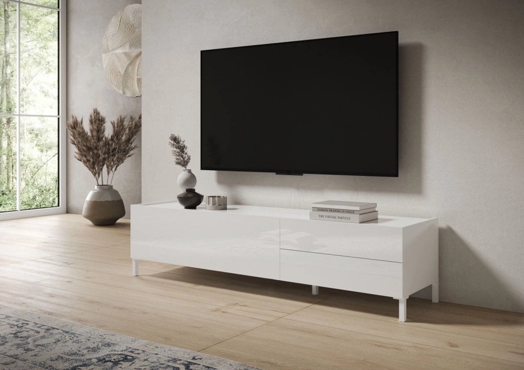 Porta TV 1 ribalta/2 cassetti 160x42x40 cm bianco lucido - SOLARIA