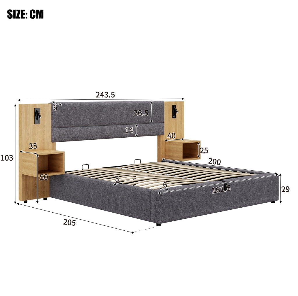 Letto matrimoniale 160x200 cm in velluto con contenitore idraulico; USB e 2 comodini; naturale e grigio