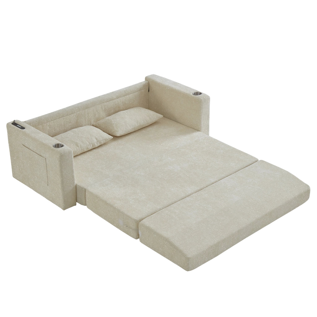 DIVANO LETTO 2-IN-1 CLAPABILE IN CHENILLE BEIGE CON USB E 2 CUSCINI