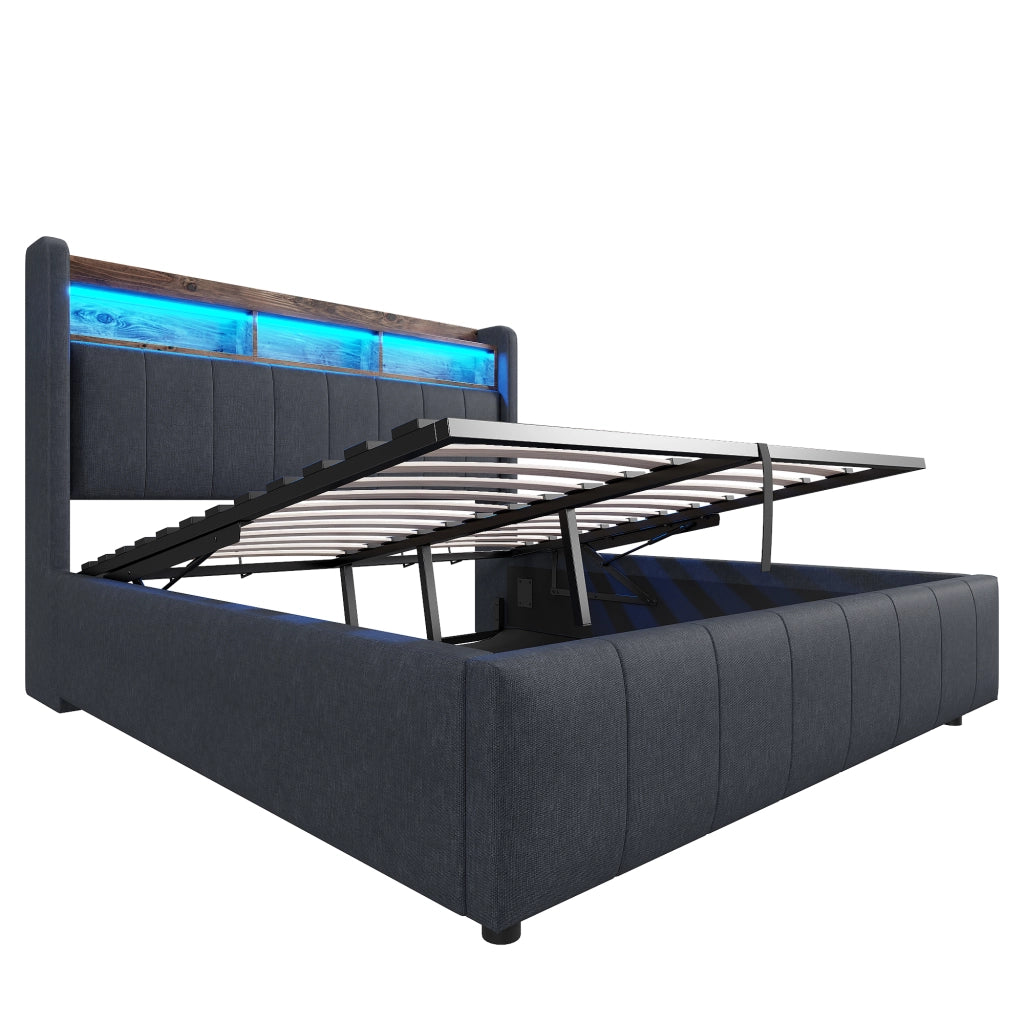 Letti contenitori 140x200 cm; LED e USB; contenitore idraulico; lino; grigio