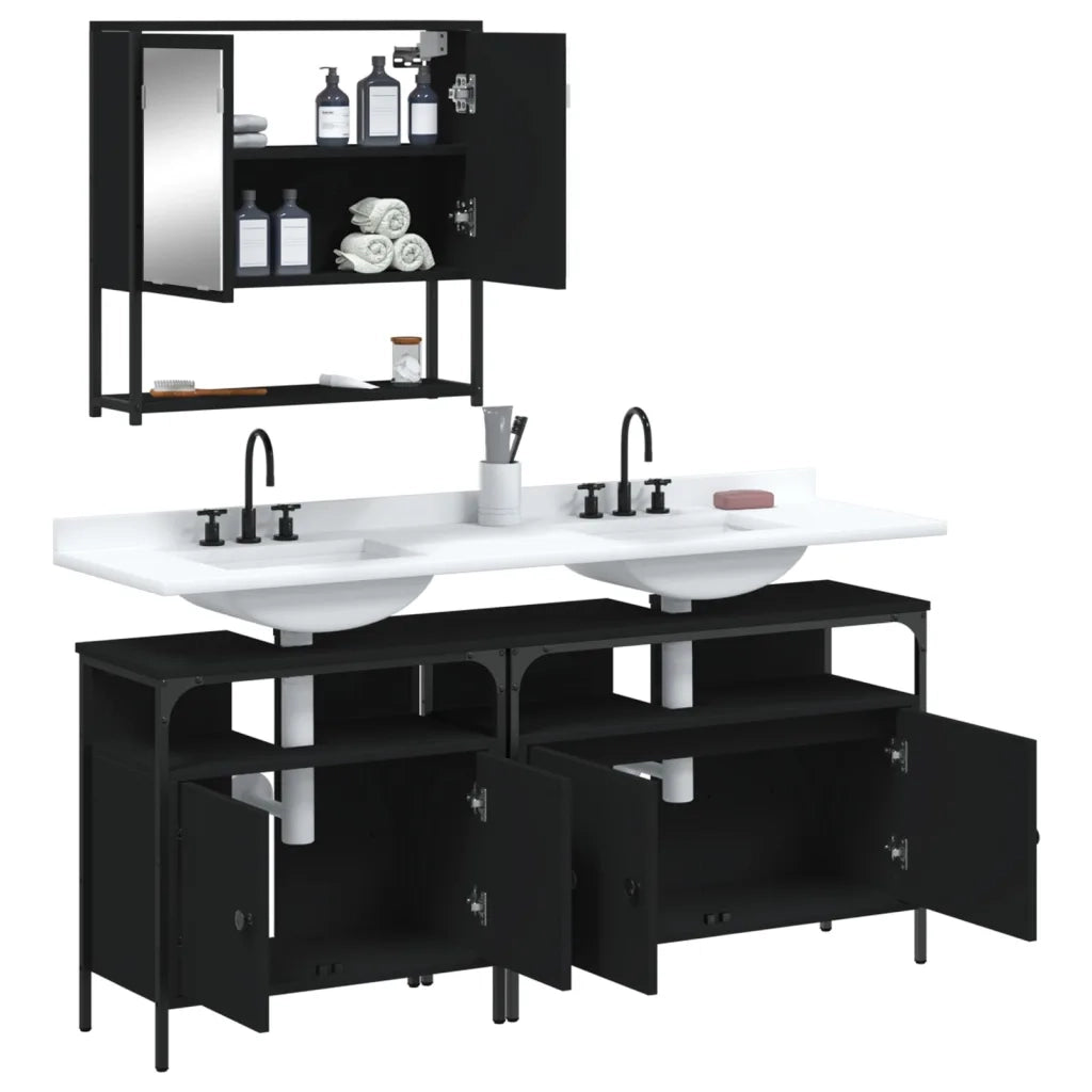 Set Mobili da Bagno 3 pz Nero in Legno Multistrato