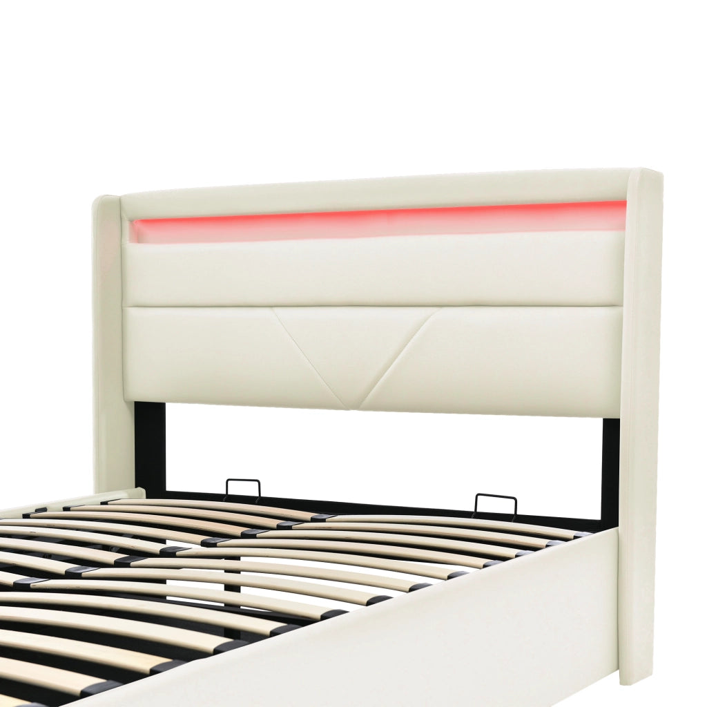 LETTO Contenitore idraulico 140x200 cm in PU bianco con LED