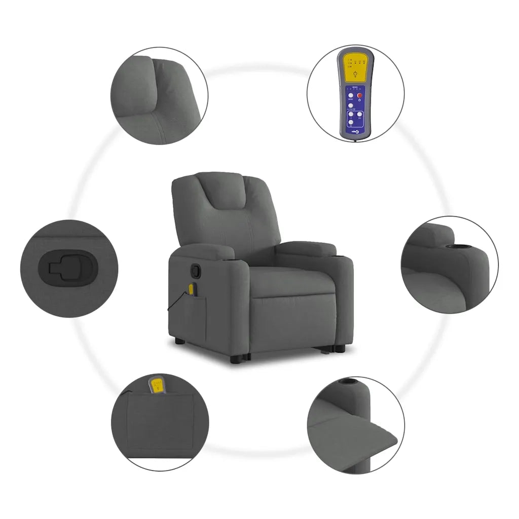 Divano Sedia-Poltrona Alzapersona Massaggi Reclinabile Grigio Scuro Tessuto 100422