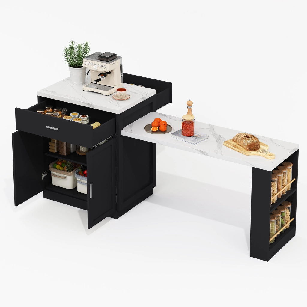 Isola da Cucina con 2 Cassetti; 1 Anta; Ripiano Regolabile; Tavolo Estensibile e Prese; in MDF; 211 x 55 x 89;5 cm; Nero
