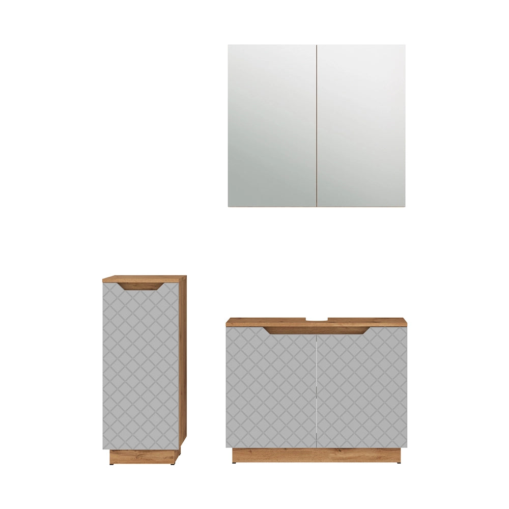 Vicco Set di mobili da bagno Rovere/grigio con struttura in piastrelle 3 parti