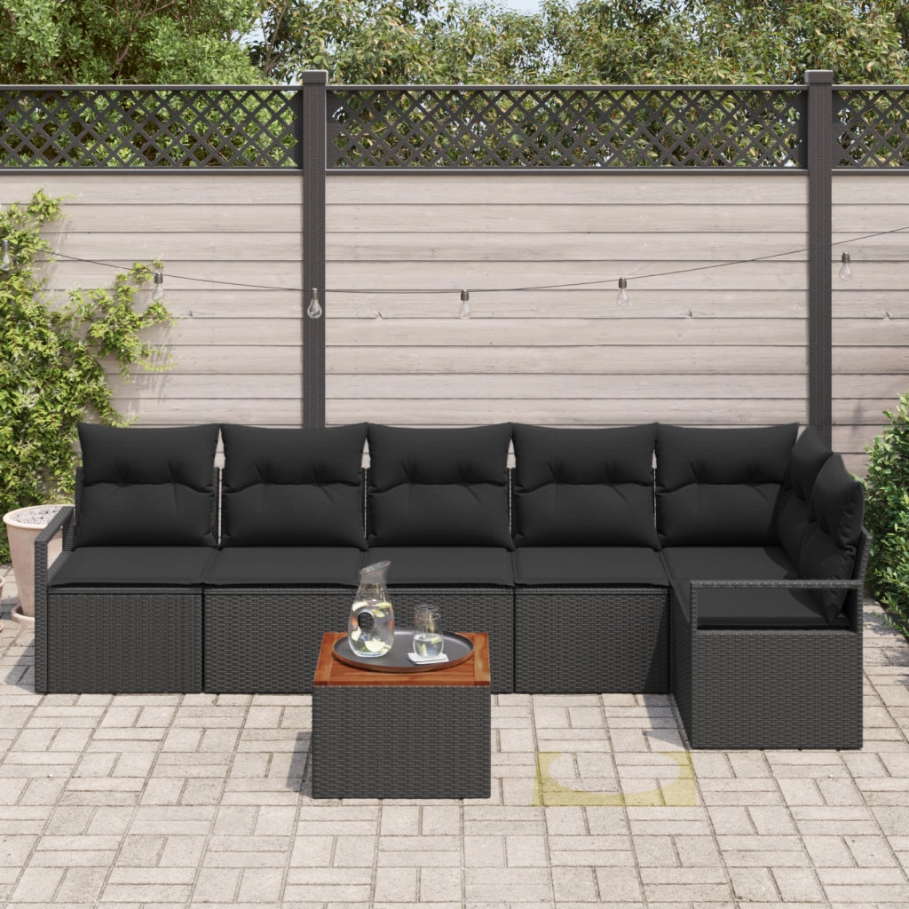Set Divano da Giardino  7 Pezzi con Cuscini Nero Polyrattan Acacia
