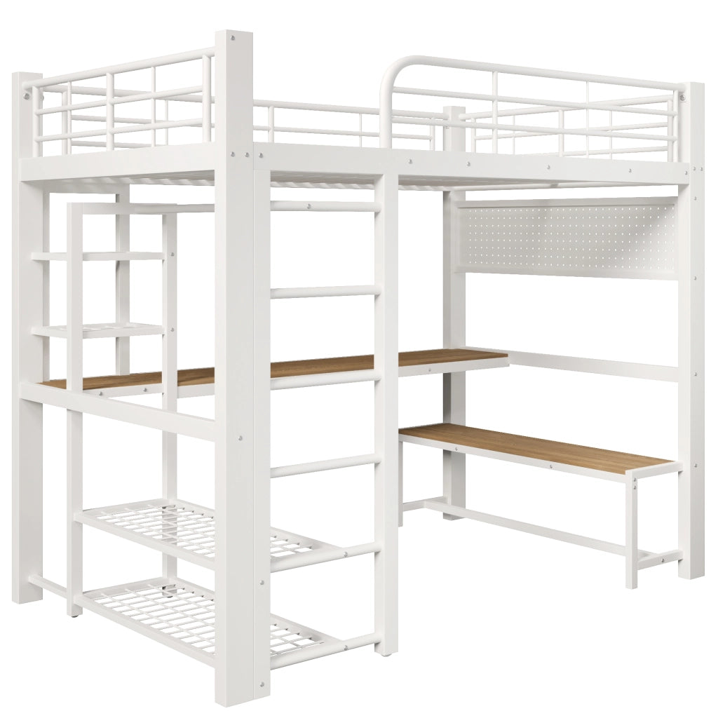Letto a soppalco 140x200 cm in metallo con scrivania; LED e ripiani; bianco