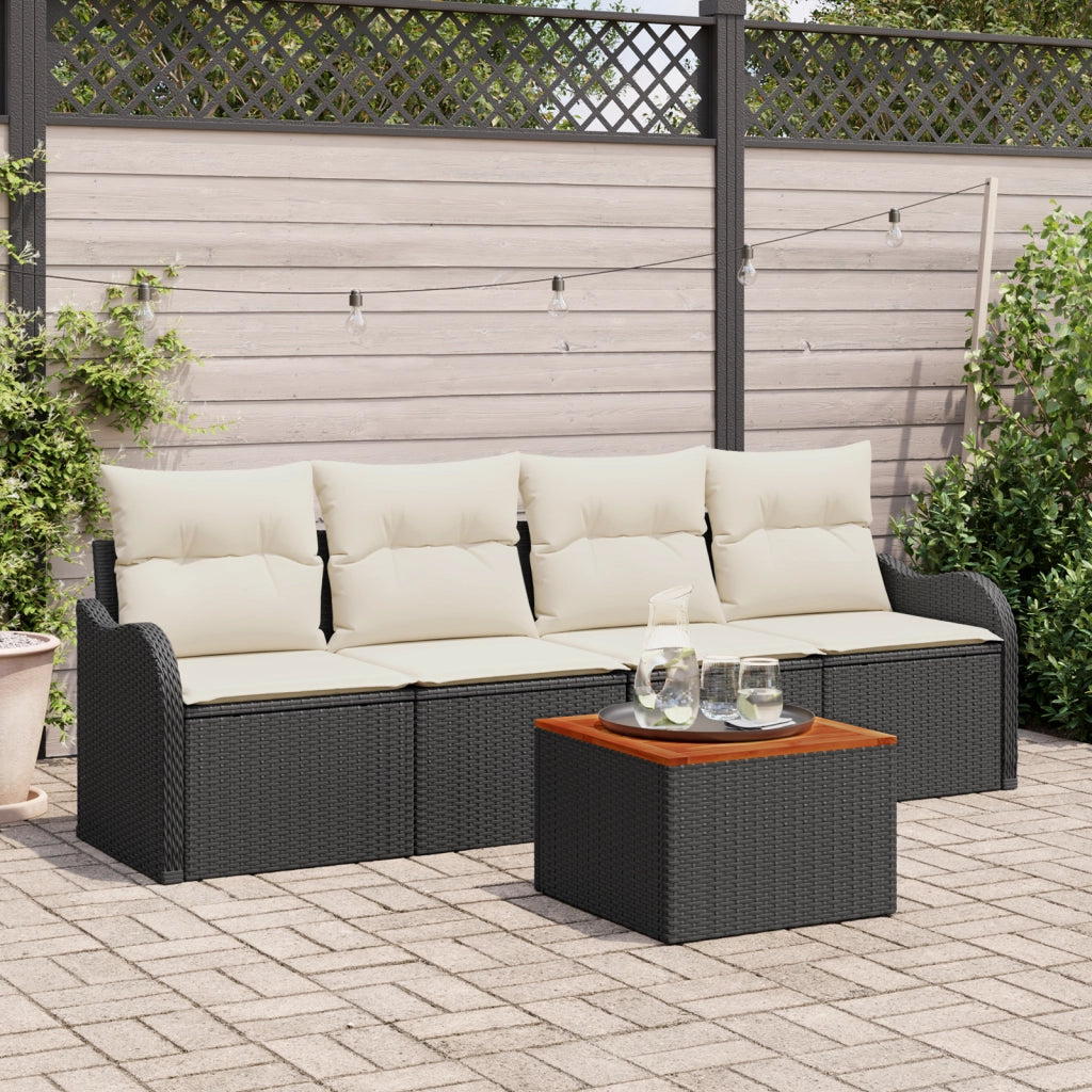 Set Divano da Giardino  5 Pezzi con Cuscini Rattan Polimerico Nero Acacia