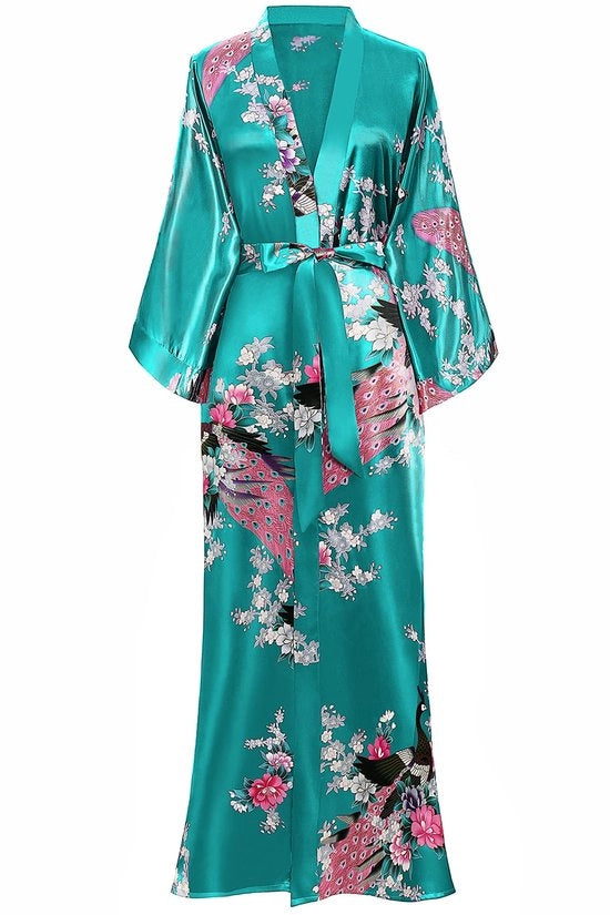 Kimono Maxi per Donne con Disegno di Fiori in Satin, Kimono da Bagno per Donne con Disegno di Fiori, Kimono da Soggiorno per Donne in Donkergroen