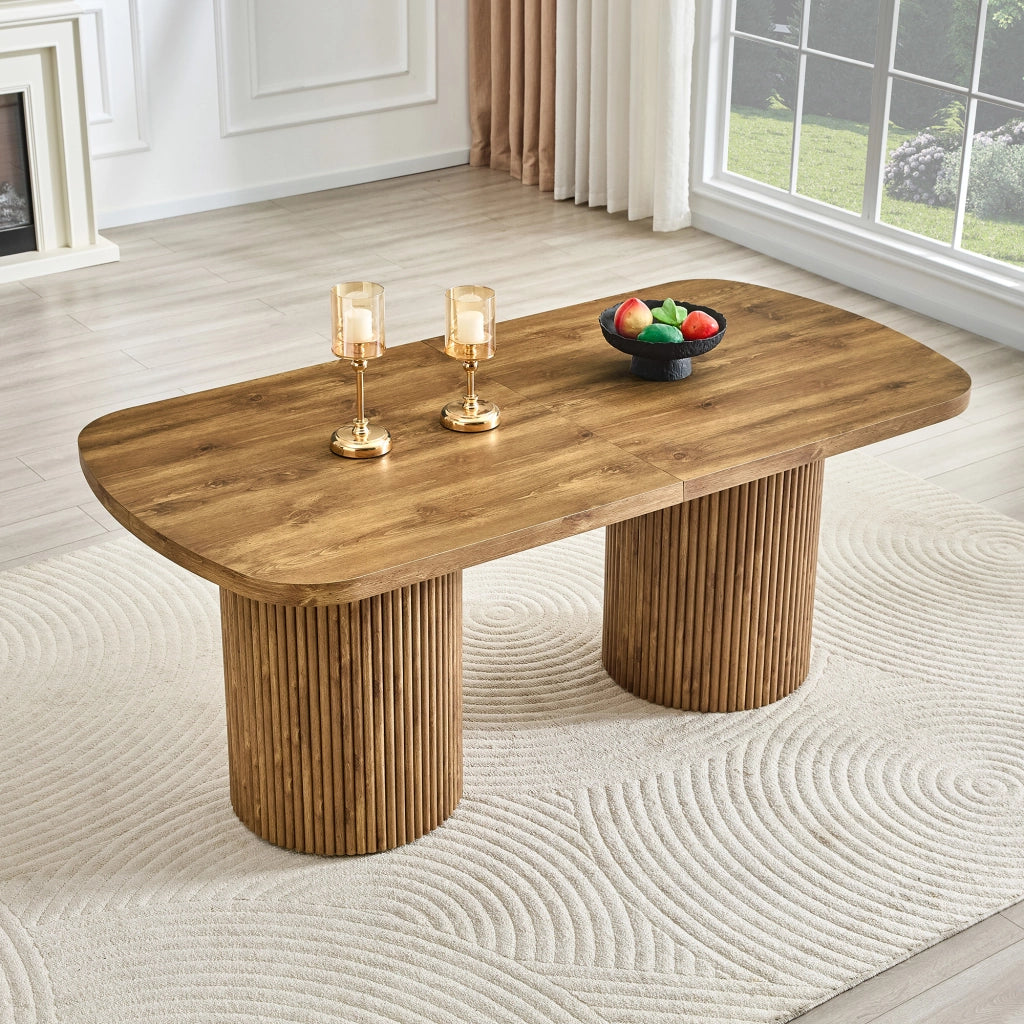 Tavolo da pranzo ovale in MDF con base cilindrica scanalata, stile mid-century, per cucina e sala da pranzo, 180 × 90 × 76 cm